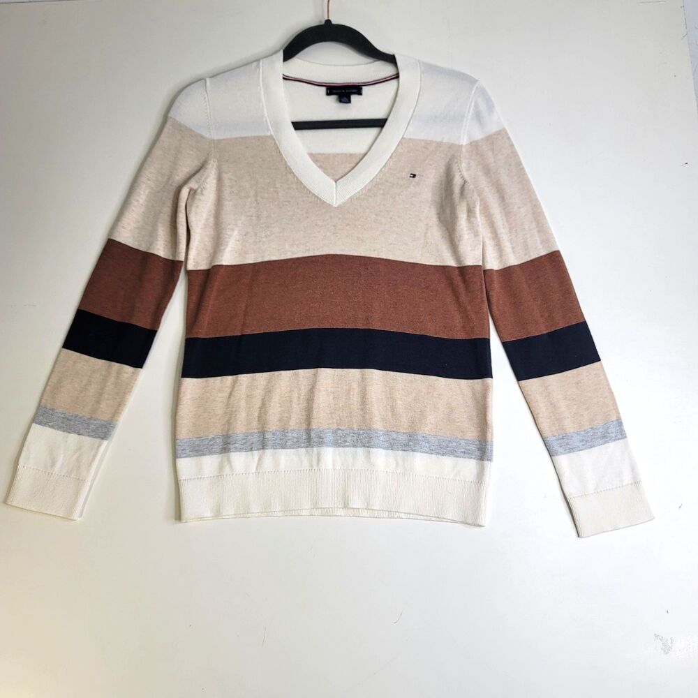 Tommy Hilfiger Colorblock V-Neck Sweater XS 100% Cotton Beige Navy Brown Gray